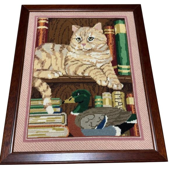 Cat on Bookshelf Needlepoint Completed Framed 16x20 by Candamar Cat Lady Gift - Picture 1 of 11